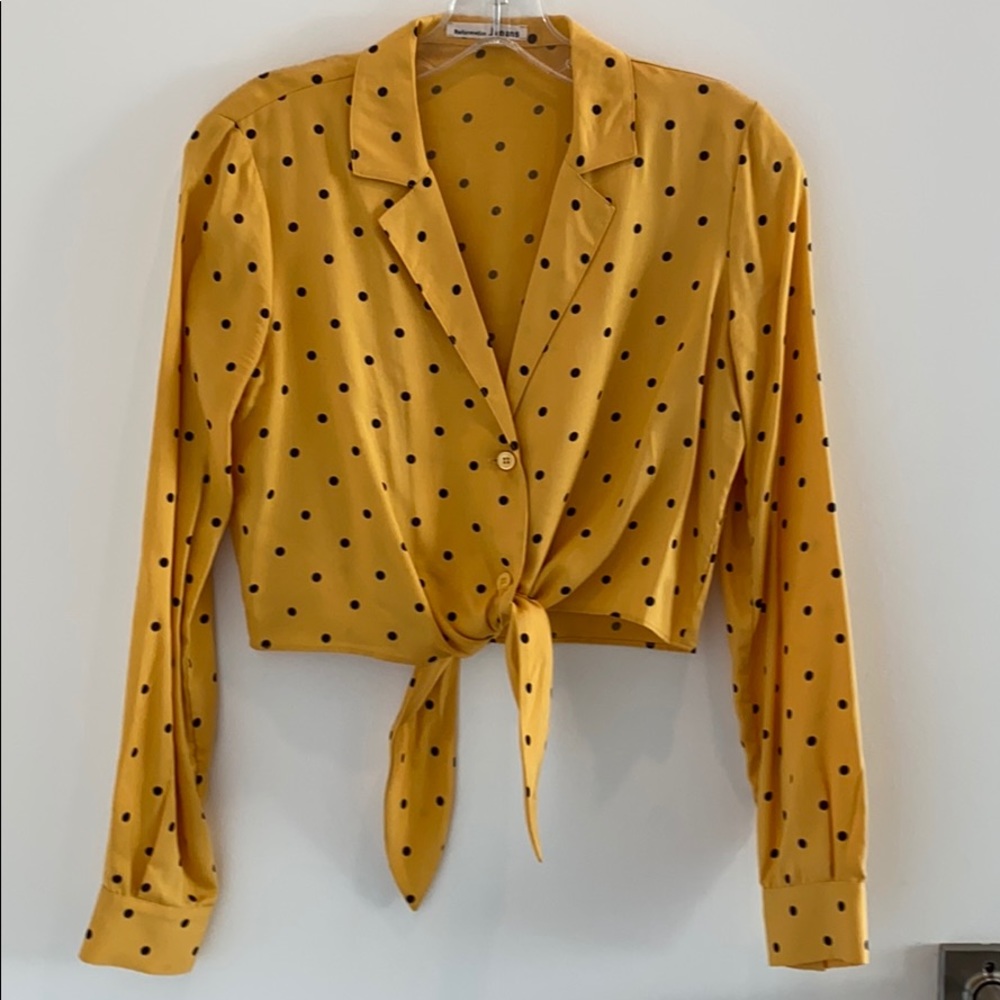 Reformation polka dot crop top with tie waist